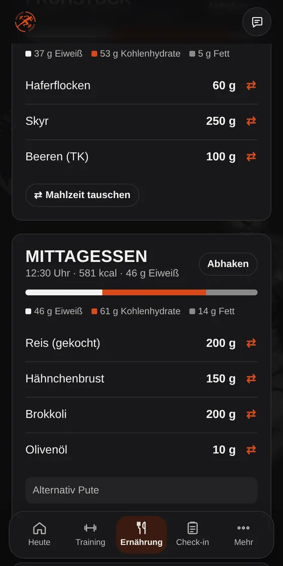 Ernährungsplan in der Kraftwerk-App mit Makros und Tausch-Funktion